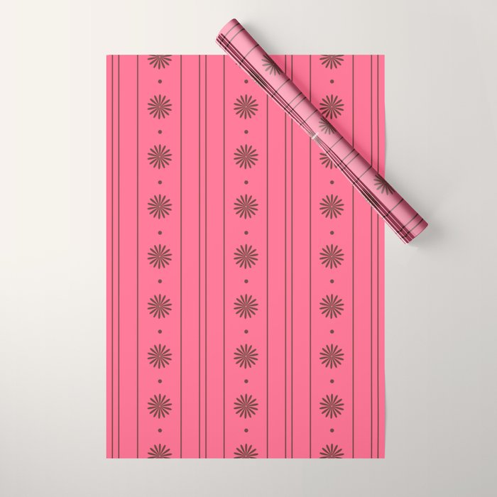 Daisy Stripes Eclectic Cottage Pattern Pink and Brown Wrapping Paper Gallery Image 1