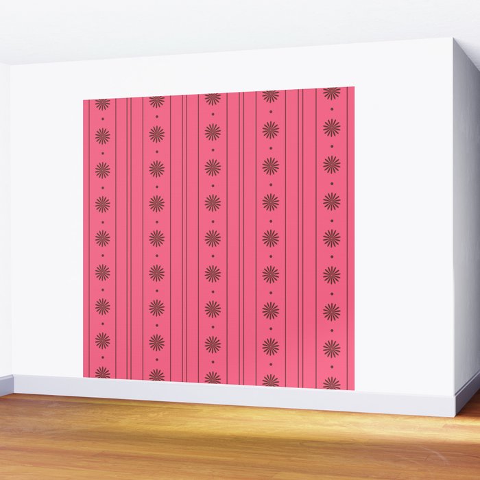 Daisy Stripes Eclectic Cottage Pattern Pink and Brown Wall Mural Gallery Image 2