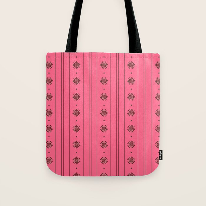 Daisy Stripes Eclectic Cottage Pattern Pink and Brown Tote Bag Gallery Image 1