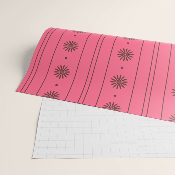 Daisy Stripes Eclectic Cottage Pattern Pink and Brown Wrapping Paper Gallery Image 2