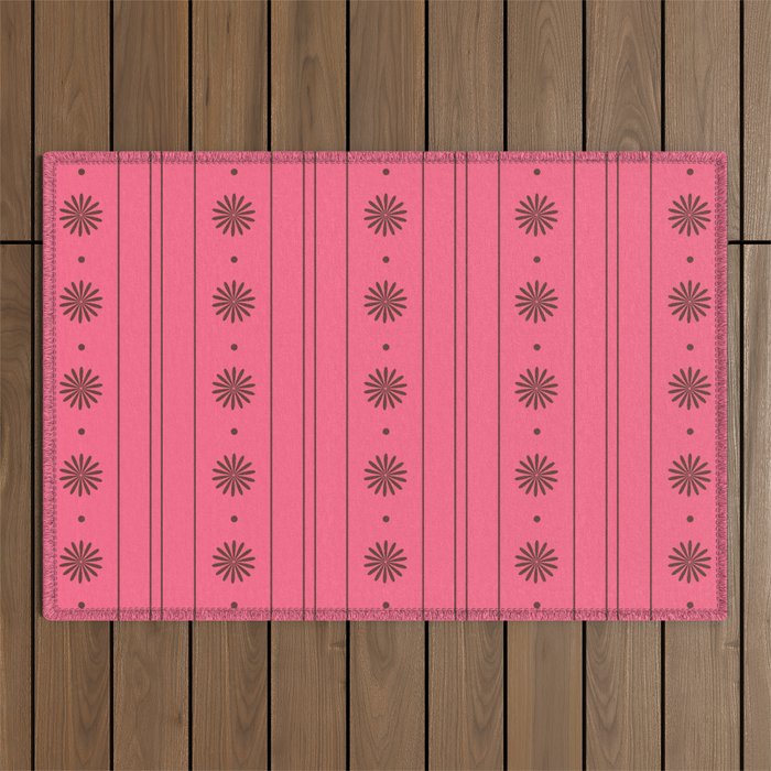 Daisy Stripes Eclectic Cottage Pattern Pink and Brown Outdoor Rug Gallery Image 1
