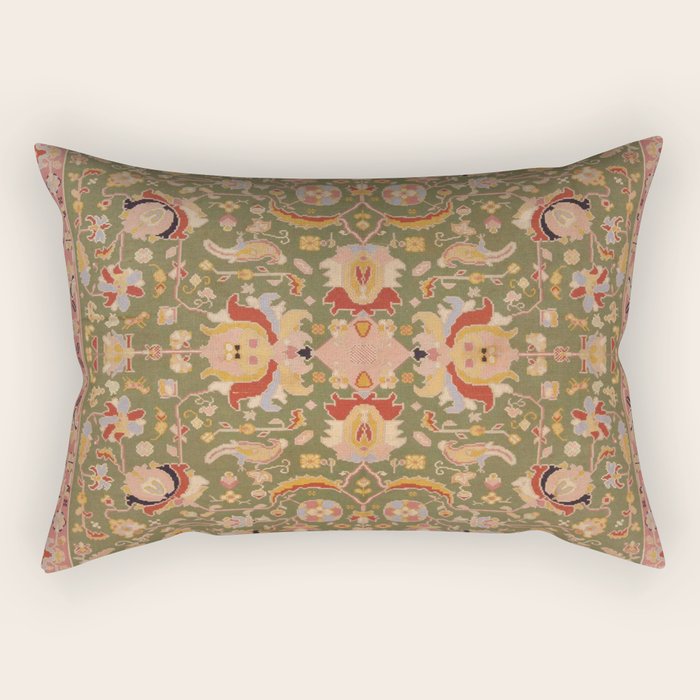 Antique Portuguese Needlepoint Rose Green Pattern Rectangular Pillow Gallery Image 1