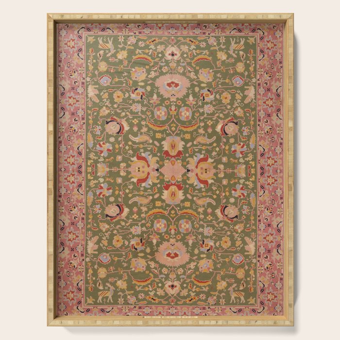 Antique Portuguese Needlepoint Rose Green Pattern Serving Tray Gallery Image 1