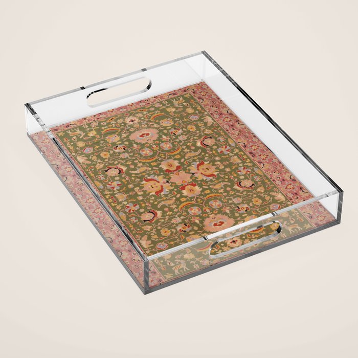 Antique Portuguese Needlepoint Rose Green Pattern Acrylic Tray Gallery Image 1