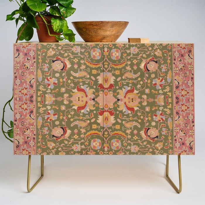 Antique Portuguese Needlepoint Rose Green Pattern Credenza Gallery Image 1