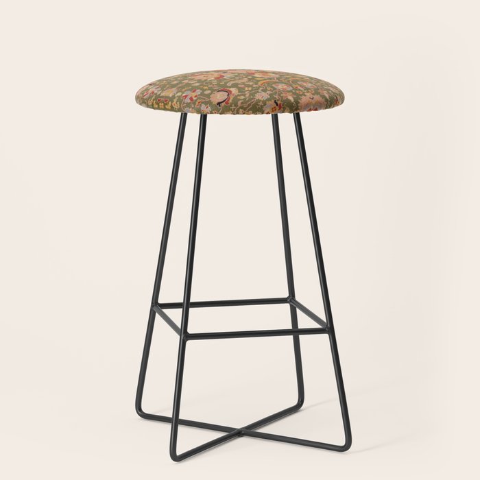 Antique Portuguese Needlepoint Rose Green Pattern Stool Gallery Image 1