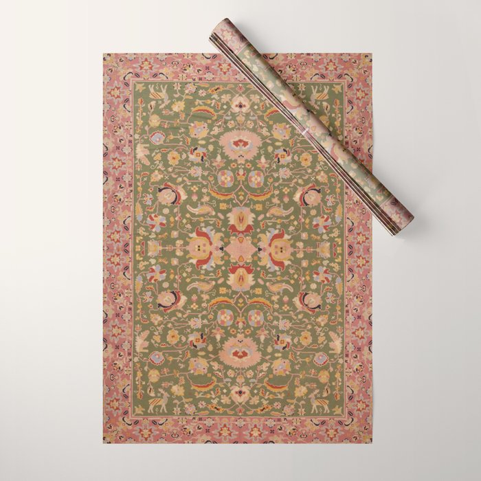 Antique Portuguese Needlepoint Rose Green Pattern Wrapping Paper Gallery Image 1