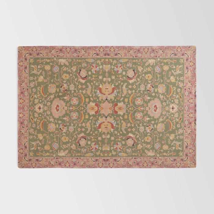 Antique Portuguese Needlepoint Rose Green Pattern Rug Gallery Image 2