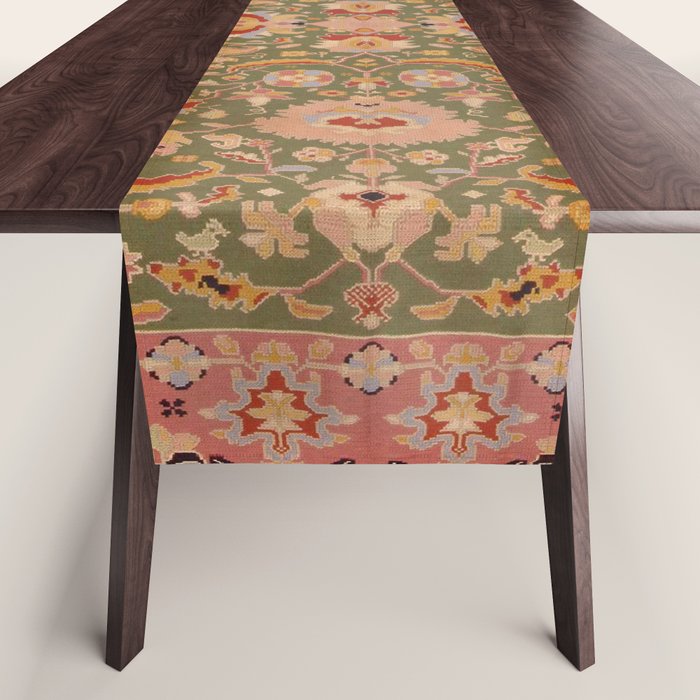Antique Portuguese Needlepoint Rose Green Pattern Table Runner Gallery Image 1