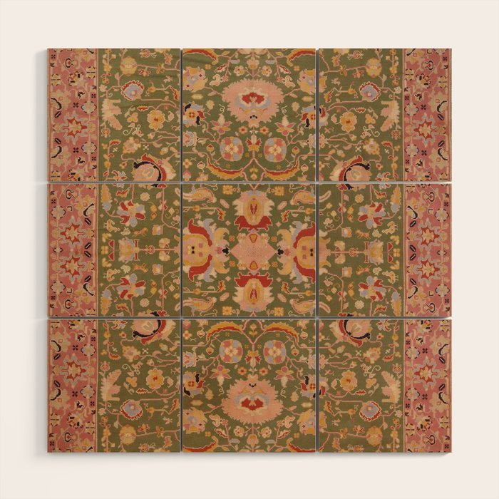 Antique Portuguese Needlepoint Rose Green Pattern Wood Wall Art Gallery Image 1