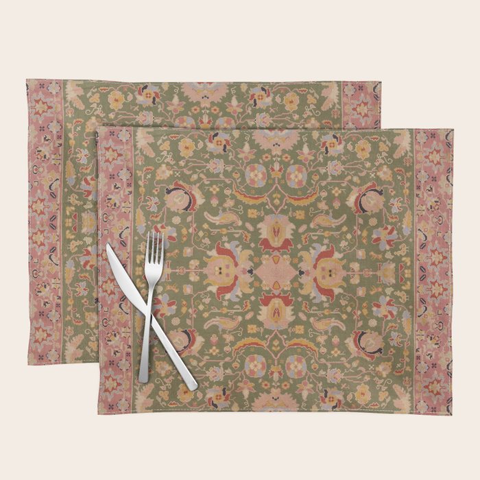Antique Portuguese Needlepoint Rose Green Pattern Placemat Gallery Image 1