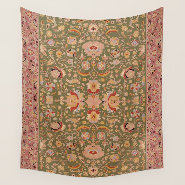 Antique Portuguese Needlepoint Rose Green Pattern Wall Tapestry Gallery Image 1