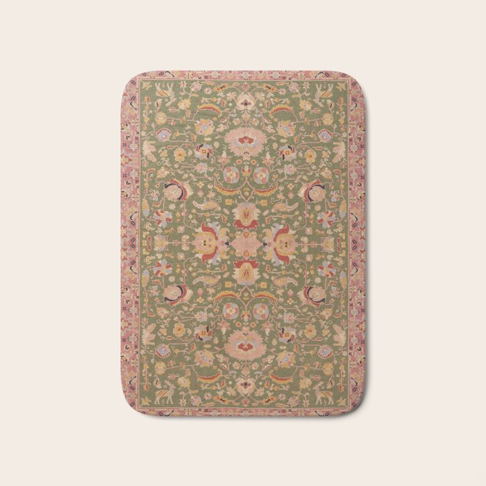 Antique Portuguese Needlepoint Rose Green Pattern Bath Mat Gallery Image 1