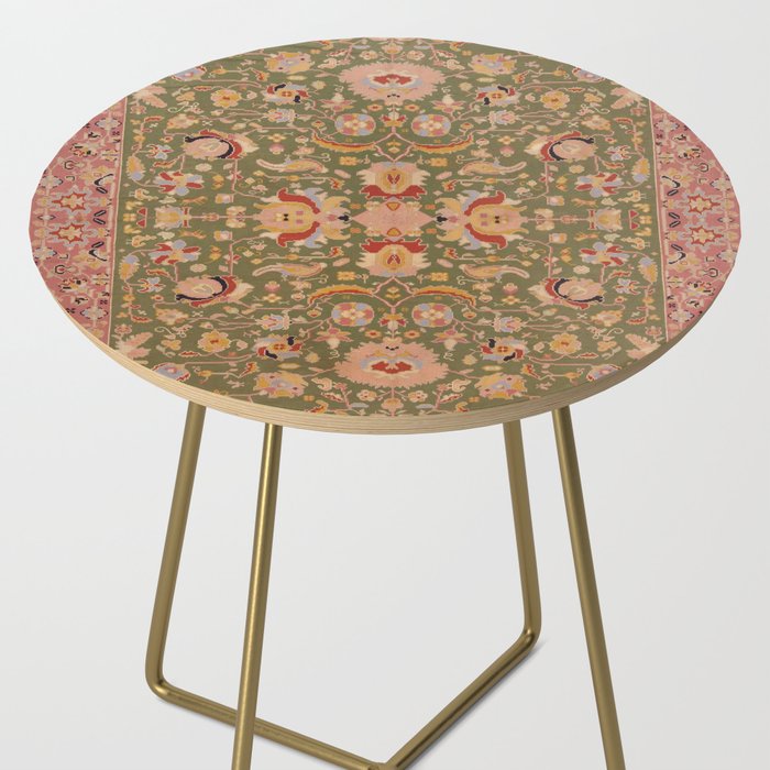 Antique Portuguese Needlepoint Rose Green Pattern Side Table Gallery Image 2