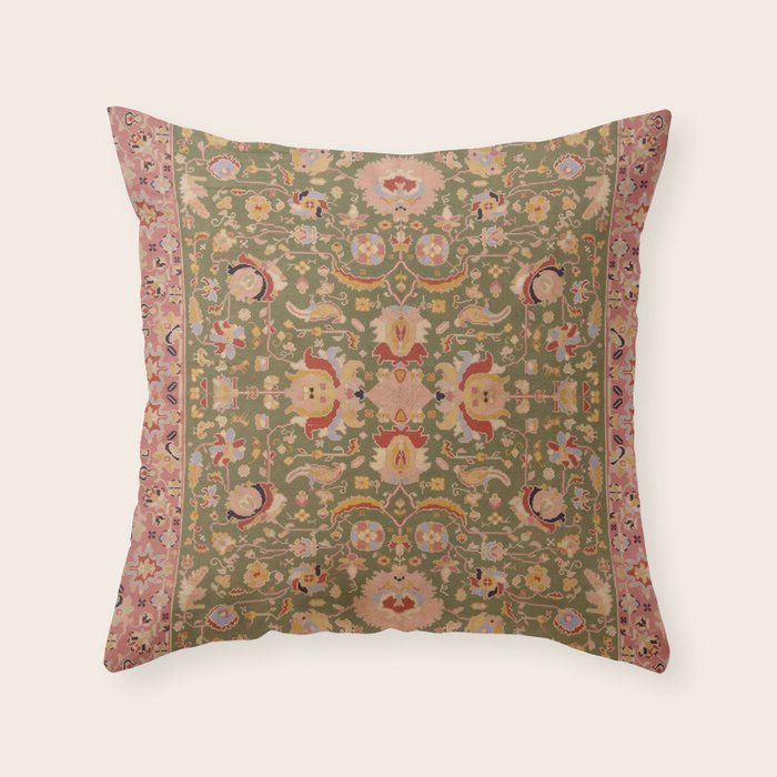Antique Portuguese Needlepoint Rose Green Pattern Throw Pillow Gallery Image 1