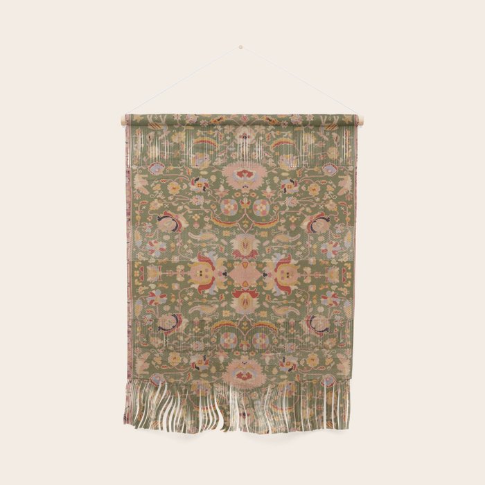 Antique Portuguese Needlepoint Rose Green Pattern Wall Hanging Gallery Image 1