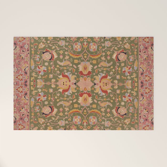 Antique Portuguese Needlepoint Rose Green Pattern Welcome Mat Gallery Image 1