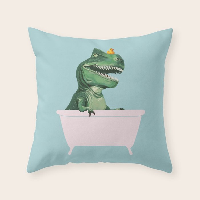 Playful T-Rex in Bathtub in Green Throw Pillow Gallery Image 6
