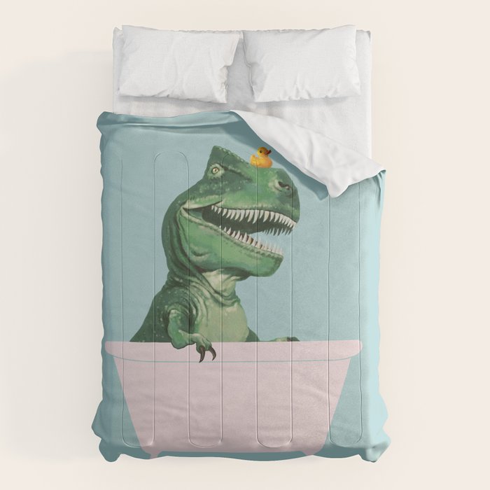 Playful T-Rex in Bathtub in Green Comforter Gallery Image 1