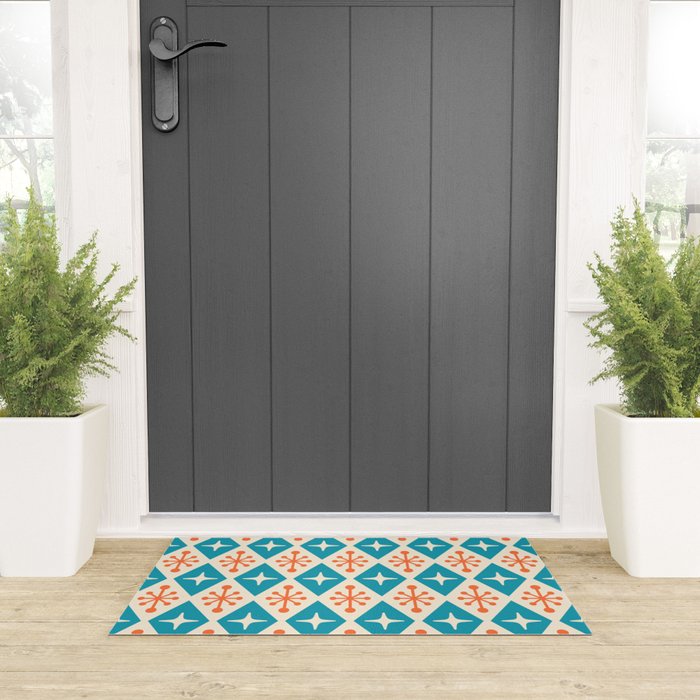 Mid Century Modern Atomic Age Googie Pattern 107 Turquoise and Orange Welcome Mat Gallery Image 3