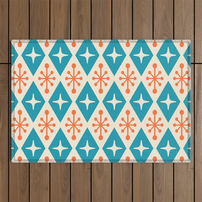 Mid Century Modern Atomic Age Googie Pattern 107 Turquoise and Orange Outdoor Rug Gallery Image 1