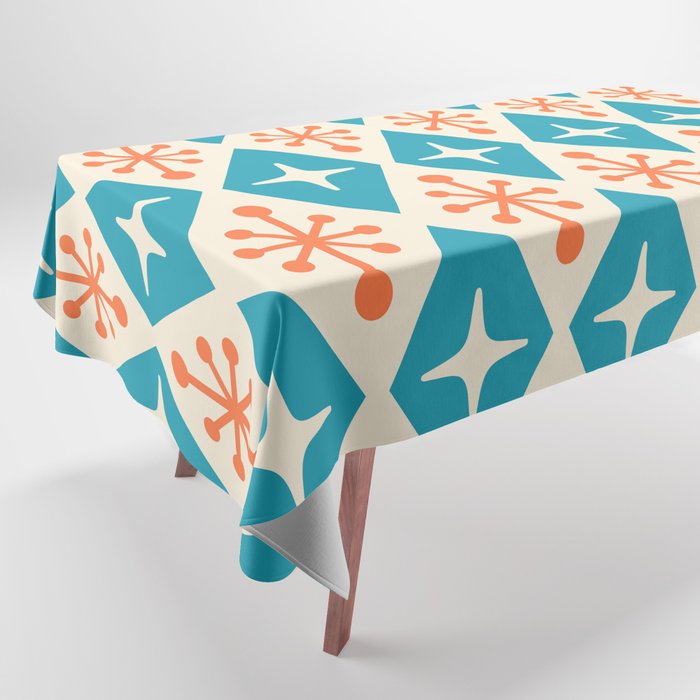 Mid Century Modern Atomic Age Googie Pattern 107 Turquoise and Orange Tablecloth Gallery Image 1