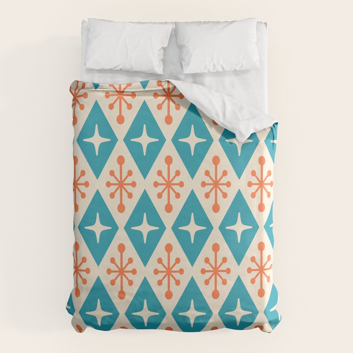 Mid Century Modern Atomic Age Googie Pattern 107 Turquoise and Orange Duvet Cover Gallery Image 1