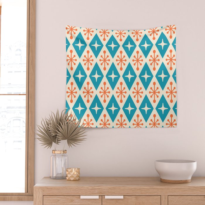 Mid Century Modern Atomic Age Googie Pattern 107 Turquoise and Orange Wall Tapestry Gallery Image 2