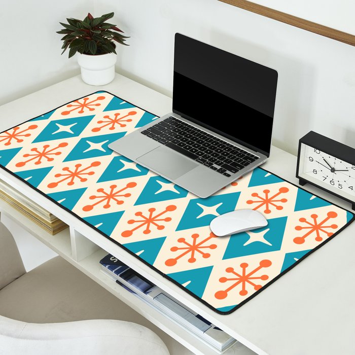 Mid Century Modern Atomic Age Googie Pattern 107 Turquoise and Orange Desk Mat Gallery Image 2