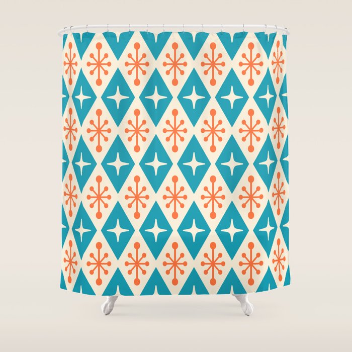 Mid Century Modern Atomic Age Googie Pattern 107 Turquoise and Orange Shower Curtain Gallery Image 1