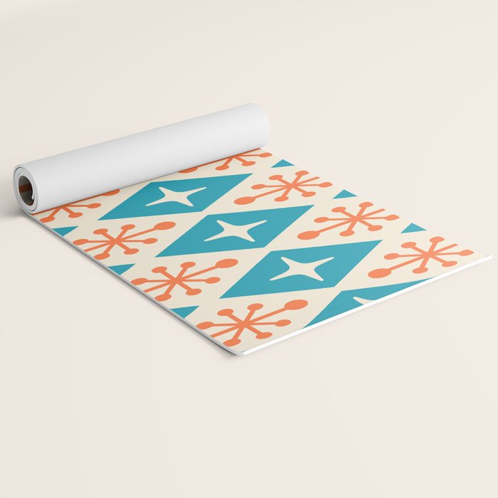 Mid Century Modern Atomic Age Googie Pattern 107 Turquoise and Orange Yoga Mat Gallery Image 2