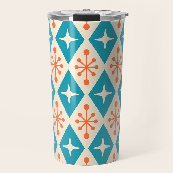Mid Century Modern Atomic Age Googie Pattern 107 Turquoise and Orange Travel Mug Gallery Image 1