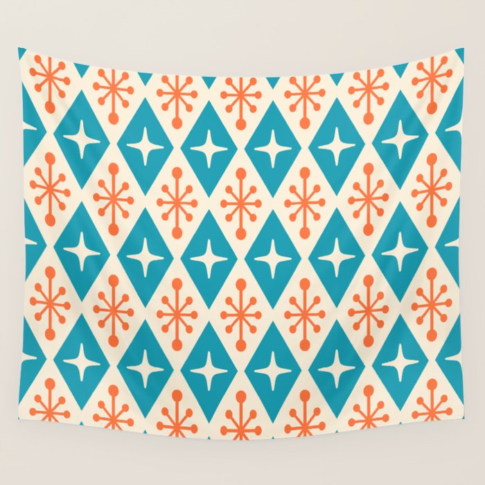 Mid Century Modern Atomic Age Googie Pattern 107 Turquoise and Orange Wall Tapestry Gallery Image 1