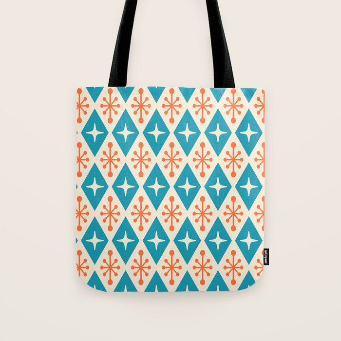 Mid Century Modern Atomic Age Googie Pattern 107 Turquoise and Orange Tote Bag Gallery Image 1