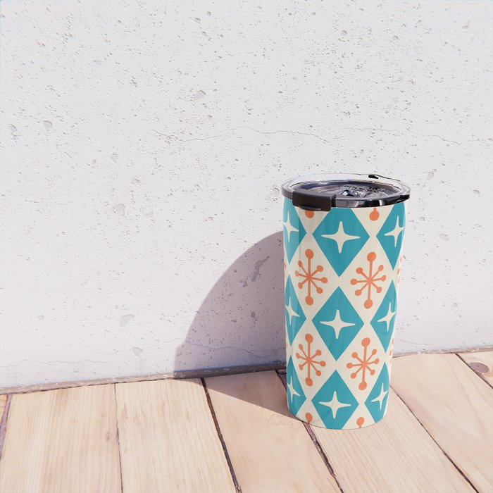 Mid Century Modern Atomic Age Googie Pattern 107 Turquoise and Orange Travel Mug Gallery Image 4