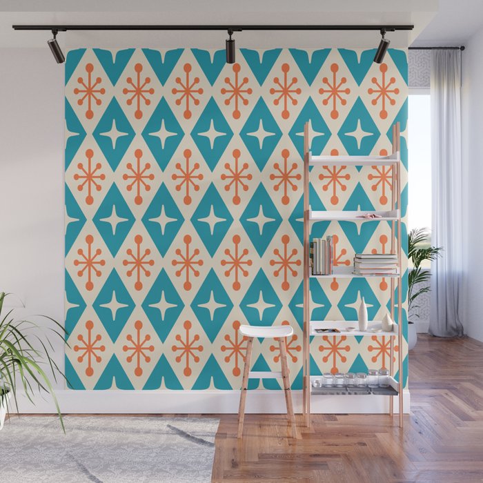 Mid Century Modern Atomic Age Googie Pattern 107 Turquoise and Orange Wall Mural Gallery Image 1
