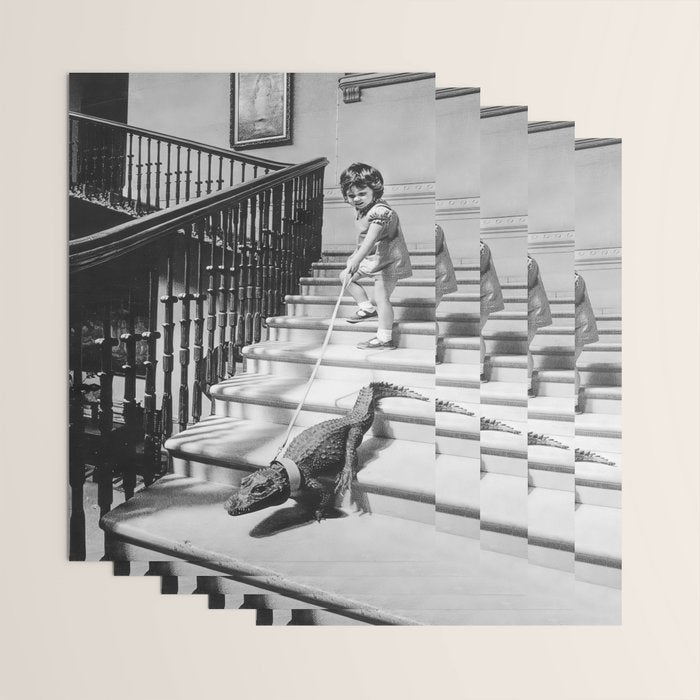 Girl Walking Baby Alligator, Black and White, Vintage Art Wrapping Paper Gallery Image 3
