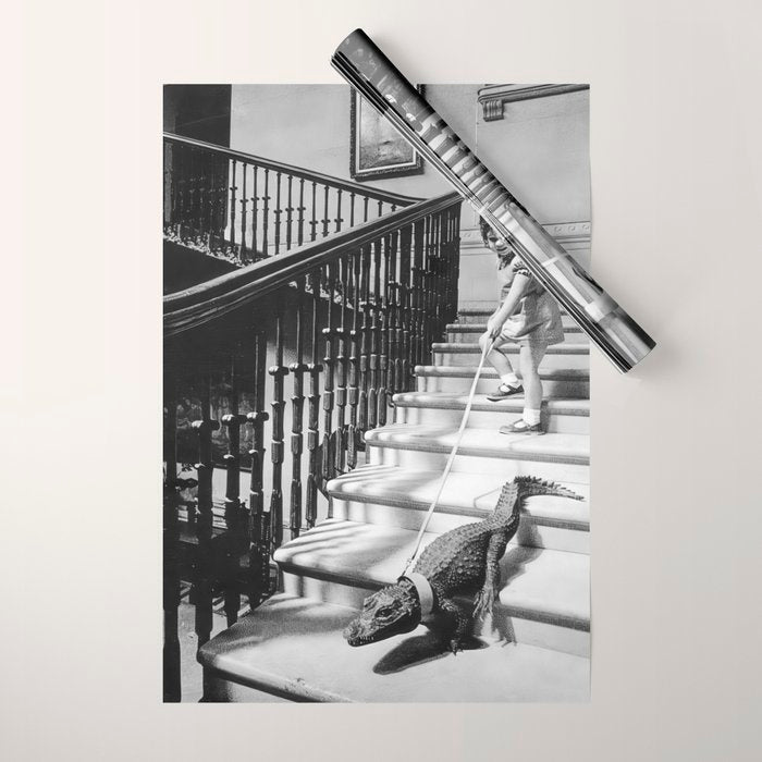 Girl Walking Baby Alligator, Black and White, Vintage Art Wrapping Paper Gallery Image 1
