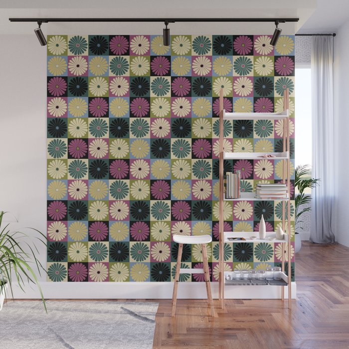 Retro Flowers Check Pattern I Wall Mural Gallery Image 1
