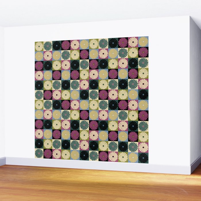 Retro Flowers Check Pattern I Wall Mural Gallery Image 2