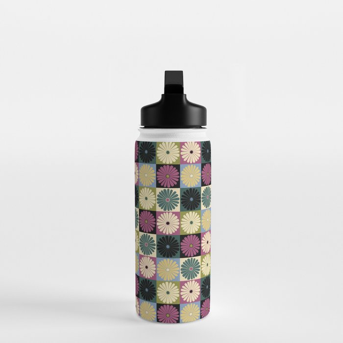 Retro Flowers Check Pattern I Water Bottle Gallery Image 3