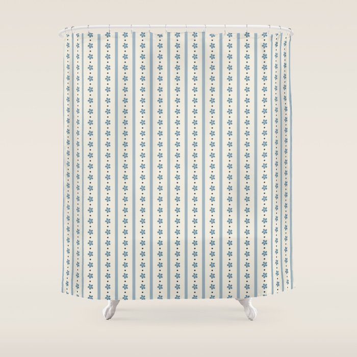 Blue And Cream Stripes And Flowers Shower Curtain Gallery Image 1