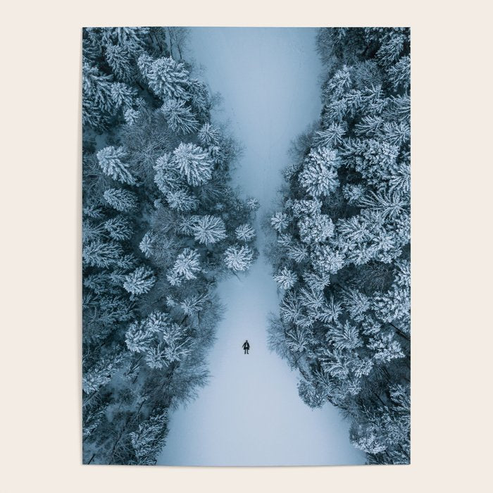 Man lying in the snow on a frozen lake in a winter forest - Landscape Photography Poster Gallery Image 4