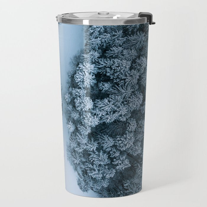 Man lying in the snow on a frozen lake in a winter forest - Landscape Photography Travel Mug Gallery Image 2