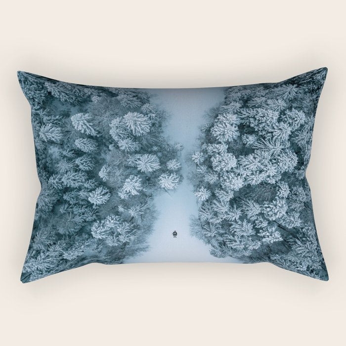 Man lying in the snow on a frozen lake in a winter forest - Landscape Photography Rectangular Pillow Gallery Image 2