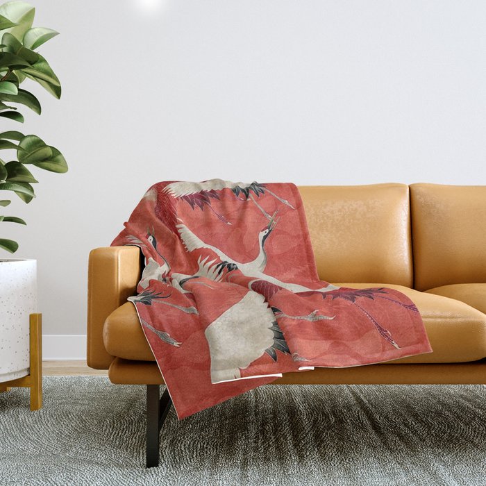 Red Cranesin Kimono Throw Blanket Gallery Image 1