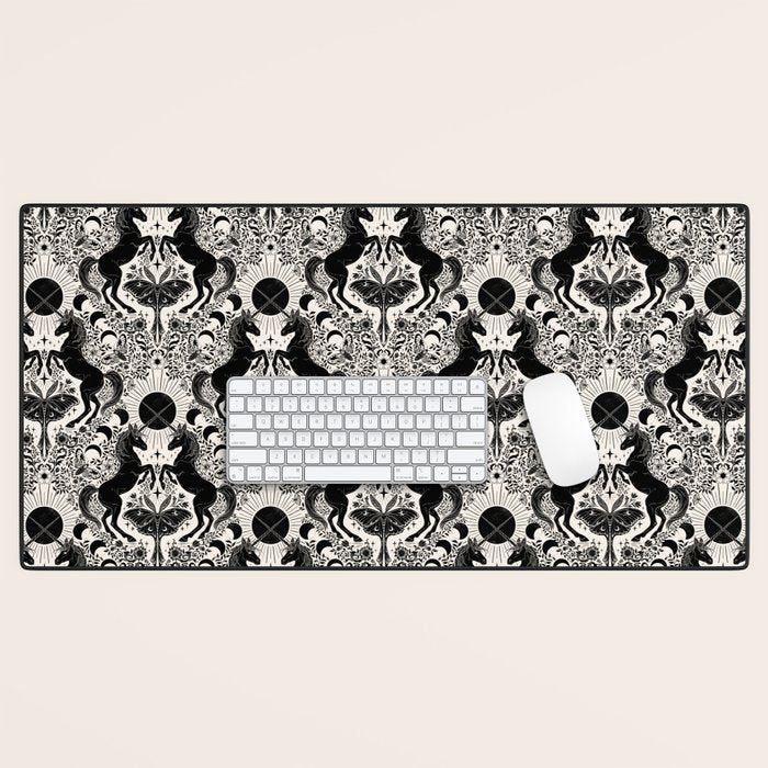 Celestial Unicorn Damask Cream & Black Desk Mat Gallery Image 1