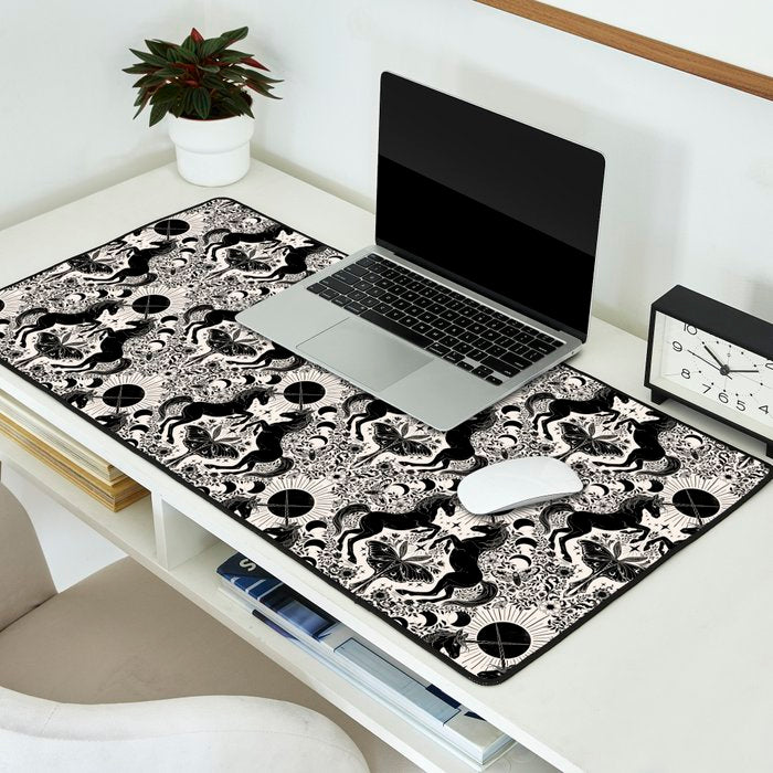 Celestial Unicorn Damask Cream & Black Desk Mat Gallery Image 2