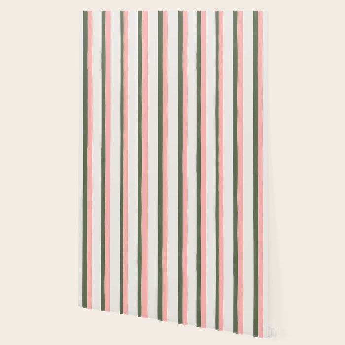 Hand Drawn Vertical Stripes Muted Green & Pink Wallpaper Gallery Image 2