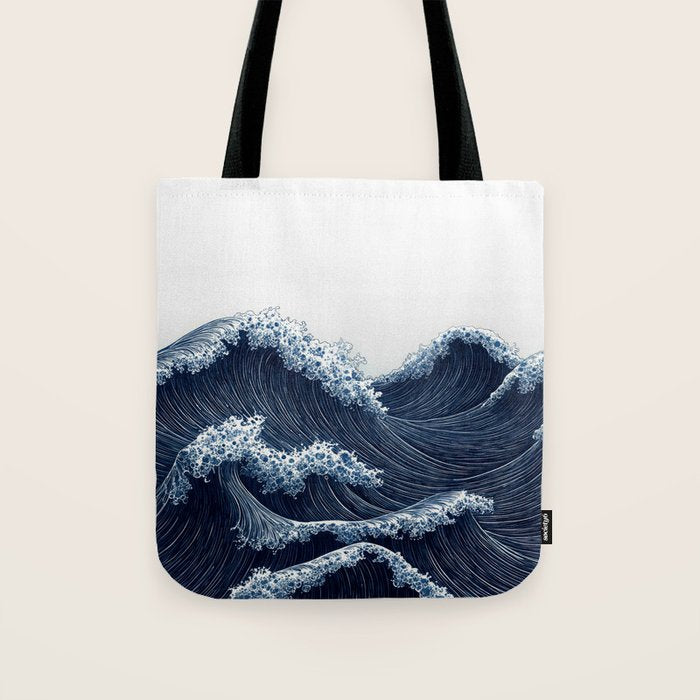 Japanese Wall Art Wave Poster Ocean Wall Art Minimalist Print Blue Japandi Art Wabi Sabi Painting Tote Bag Gallery Image 1